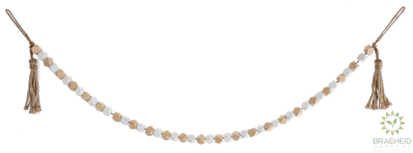 White & Natural Carved Angle Wood Beaded Garland with Tassel
