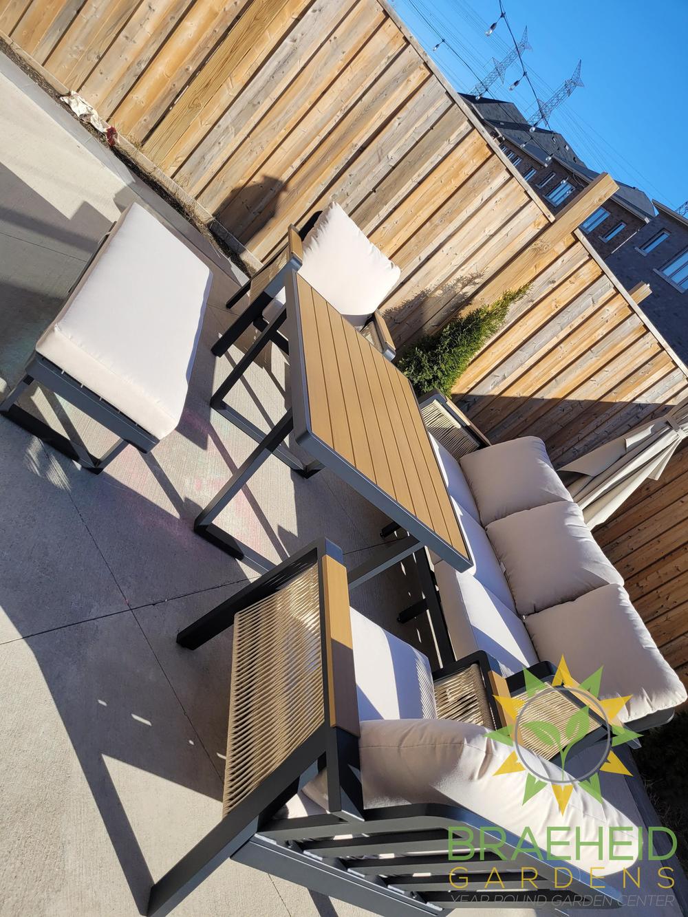 SNAKK SKITTENT Luxury Aluminum Dinning Patio Set with Teak Wood Accents – Modern Outdoor Lounge Set