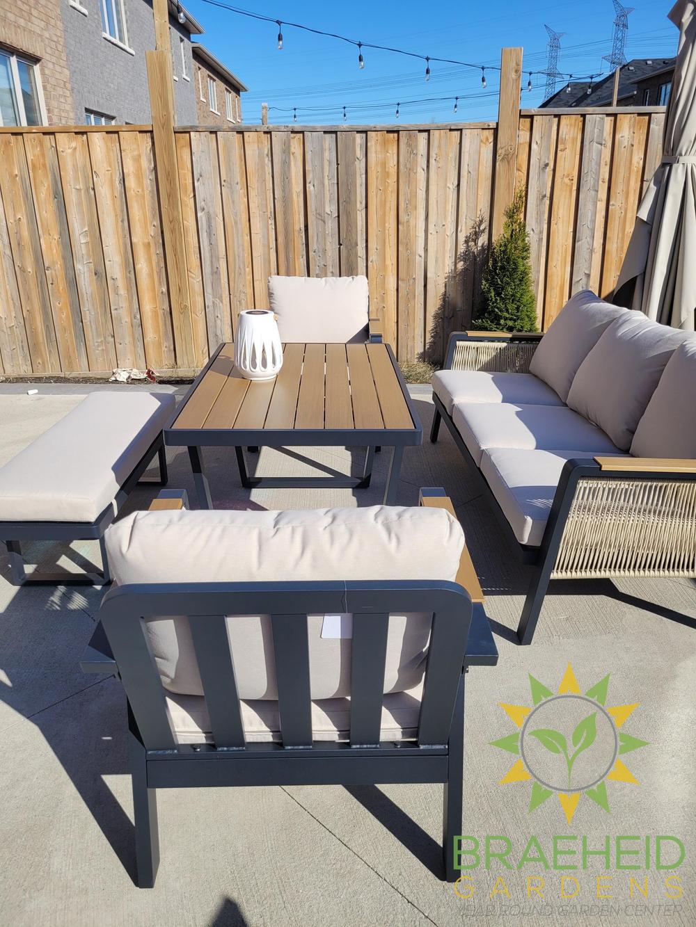 SNAKK SKITTENT Luxury Aluminum Dinning Patio Set with Teak Wood Accents – Modern Outdoor Lounge Set