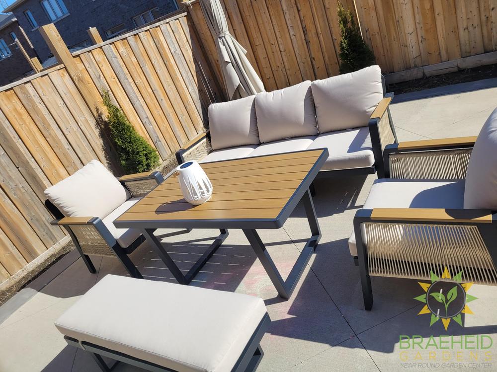 SNAKK SKITTENT Luxury Aluminum Dinning Patio Set with Teak Wood Accents – Modern Outdoor Lounge Set