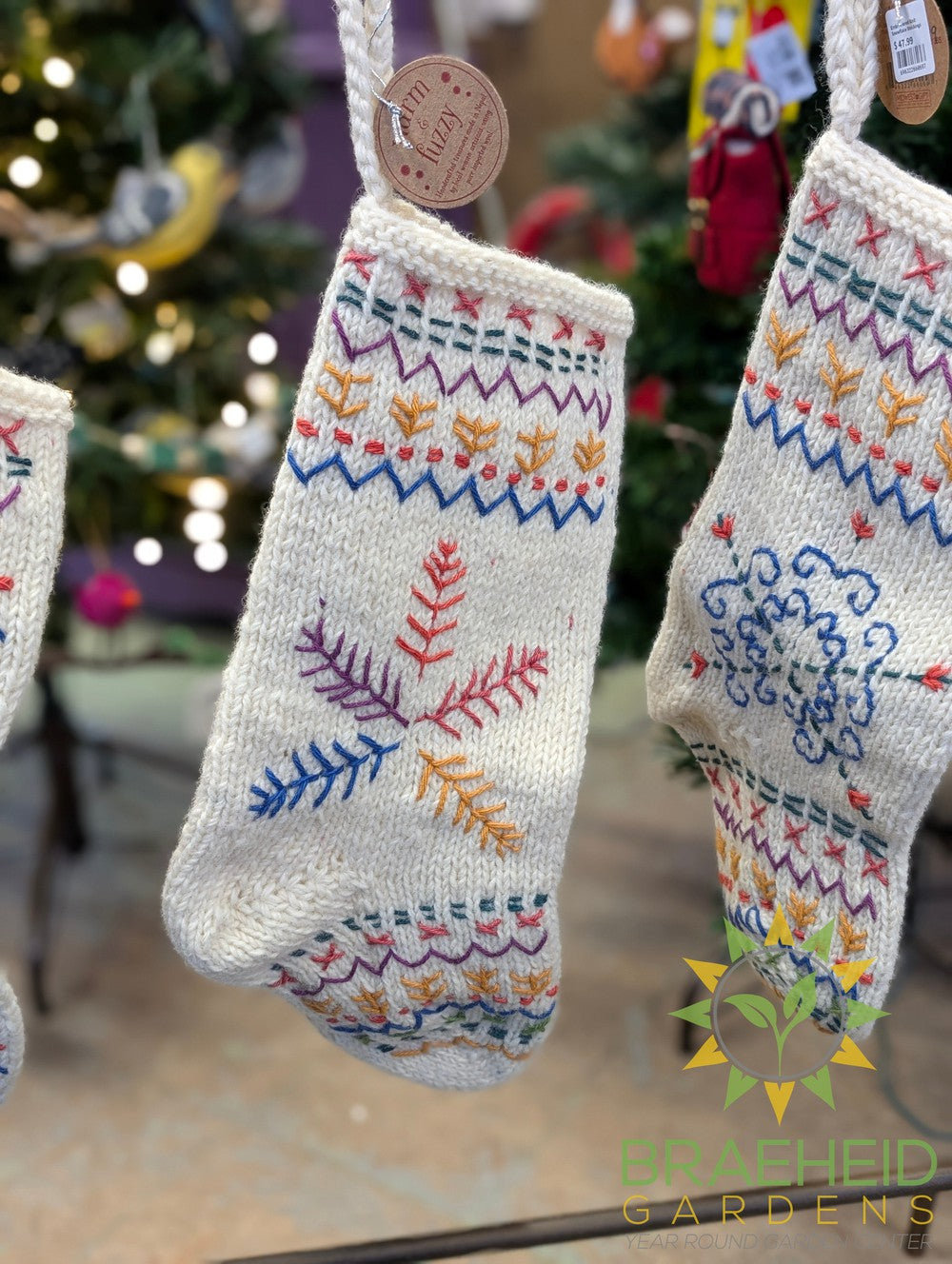 Colorful knit and embroidered stockings